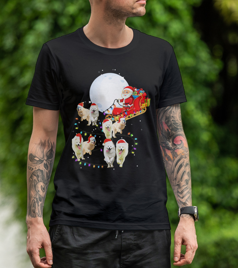 Funny Samoyed Christmas Reindeer Santa Sleigh With Moon And Lights T-Shirt