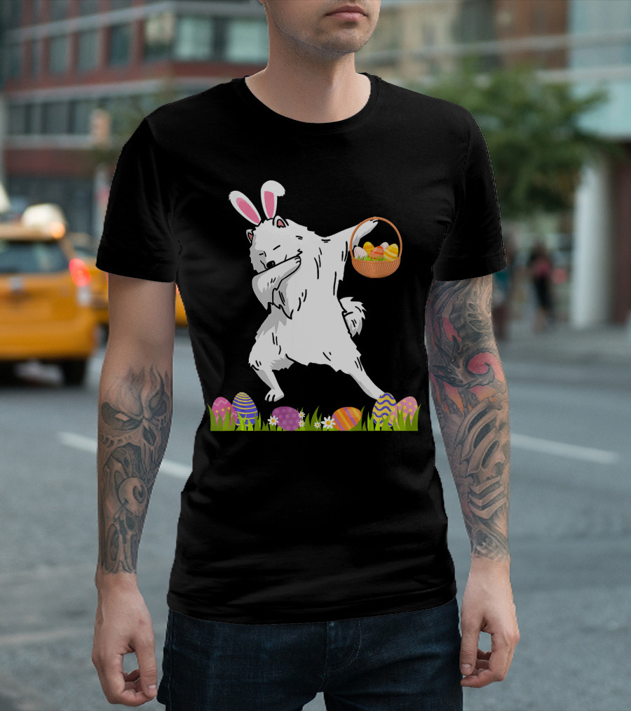 Funny Samoyed Dog Dabbing With Easter Eggs And Bunny Ears For Happy Easter T-Shirt