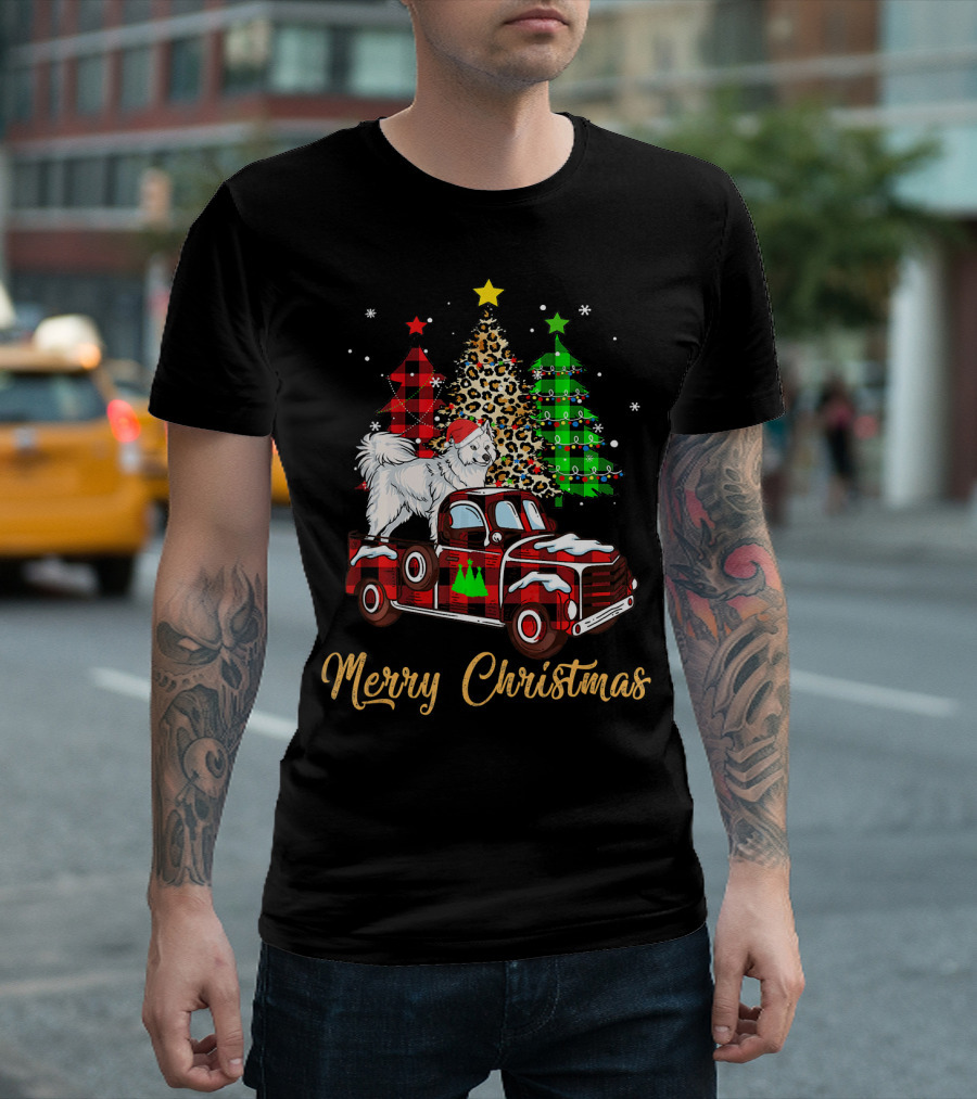 Merry Christmas Funny Samoyed Red Plaid Truck Christmas Trees T-Shirt