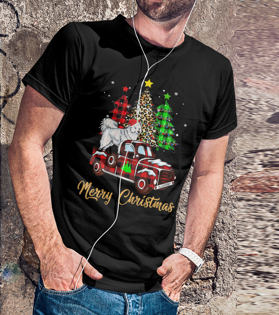 Merry Christmas Funny Samoyed Red Plaid Truck Christmas Trees T-Shirt