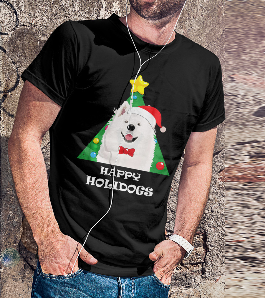 Happy Holidogs Funny Cute Samoyed Christmas Tree Star Santa Hat T-Shirt