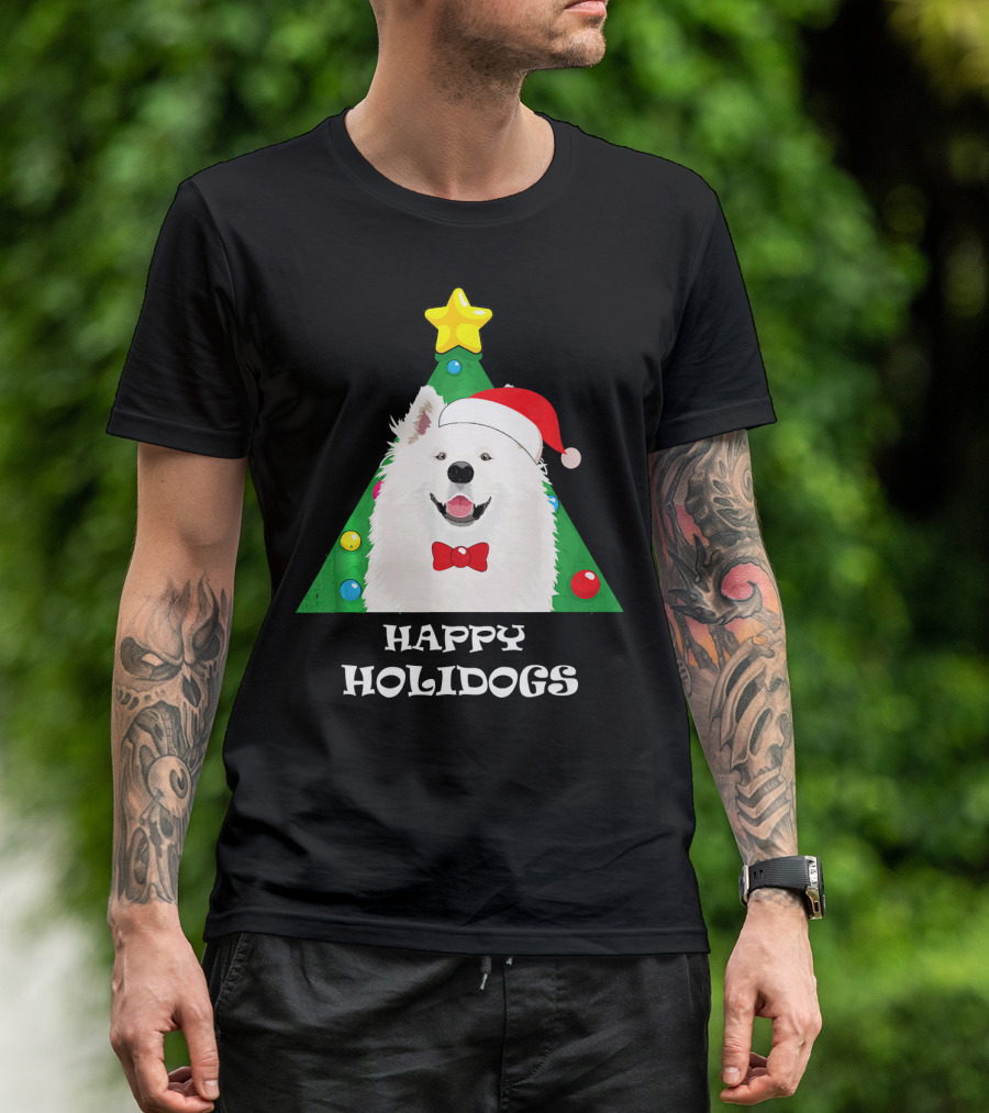 Happy Holidogs Funny Cute Samoyed Christmas Tree Star Santa Hat T-Shirt