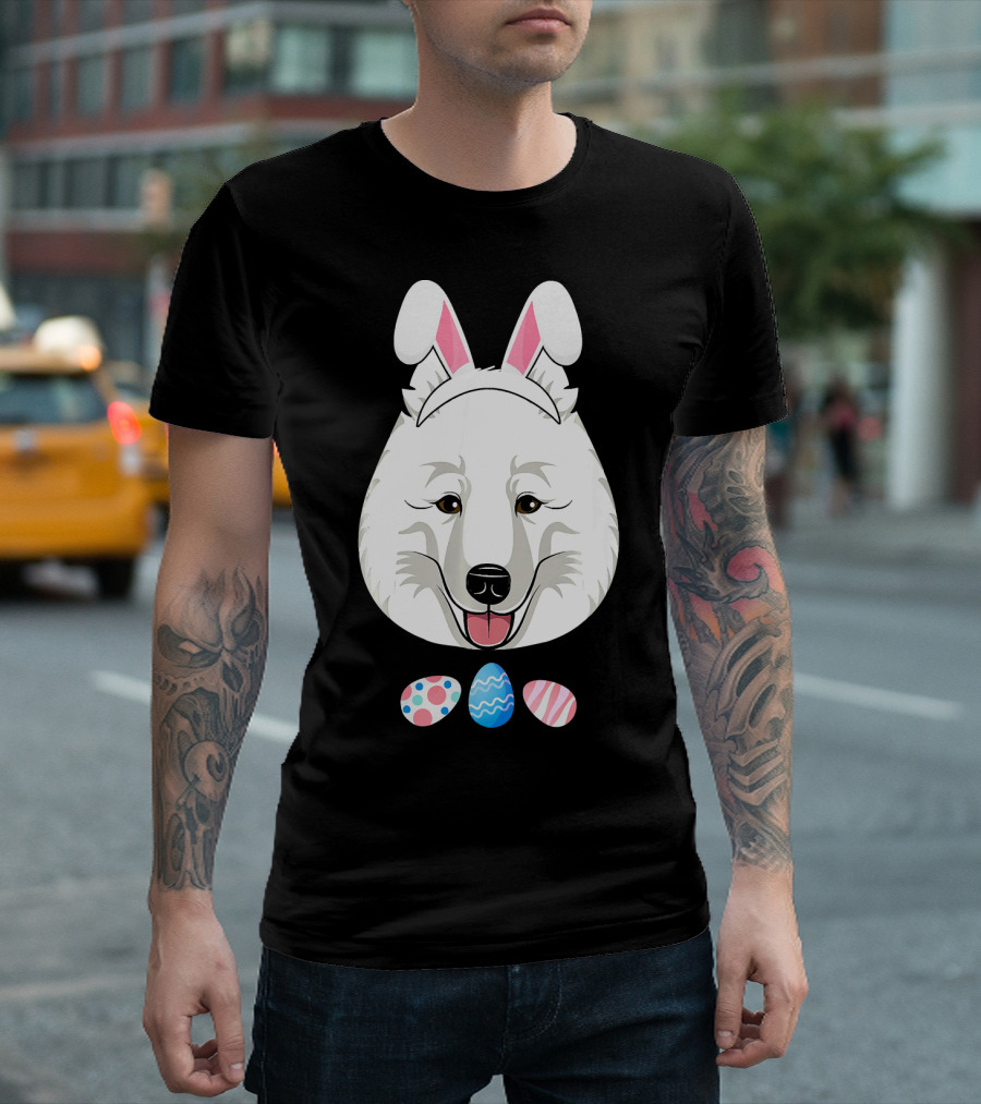 Playful Easter Samoyed with Bunny Ears and Colorful Eggs T-Shirt