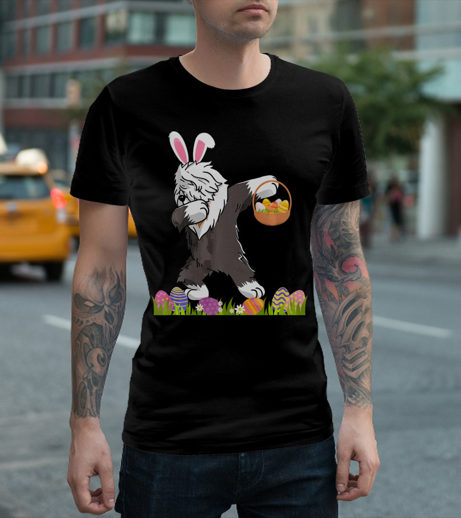 Funny Old English Sheepdog Dog Dabbing Easter Eggs Rabbit Ears Basket T-Shirt