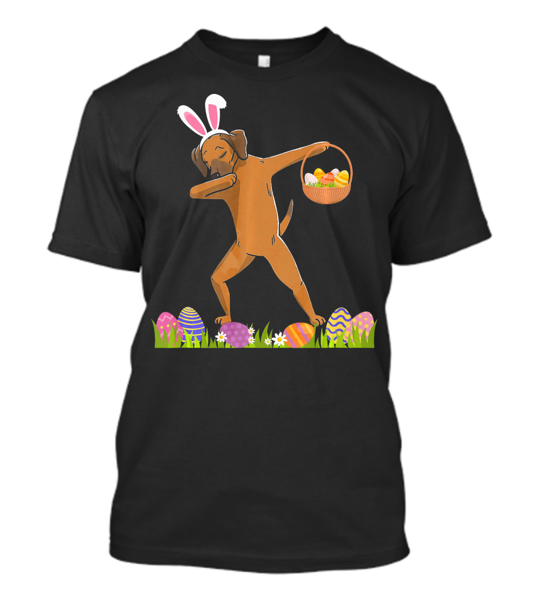 Rhodesian Ridgeback Dog Dabbing With Bunny Ears And Easter Basket T-Shirt