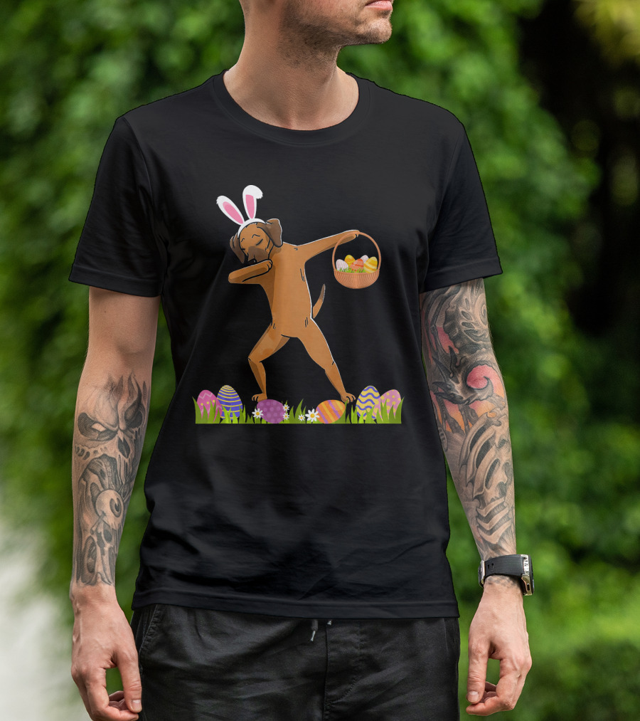 Rhodesian Ridgeback Dog Dabbing With Bunny Ears And Easter Basket T-Shirt