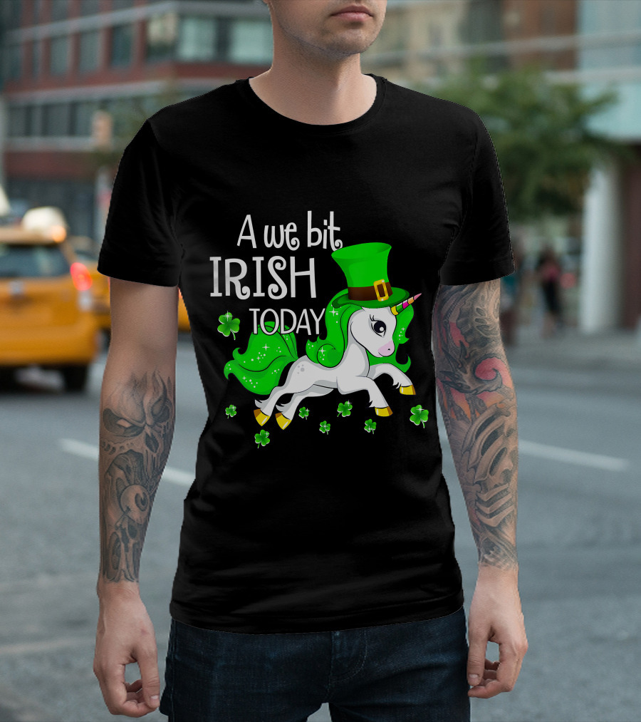 A We Bit Irish Today Unicorn with Shamrocks and Green Hat T-Shirt