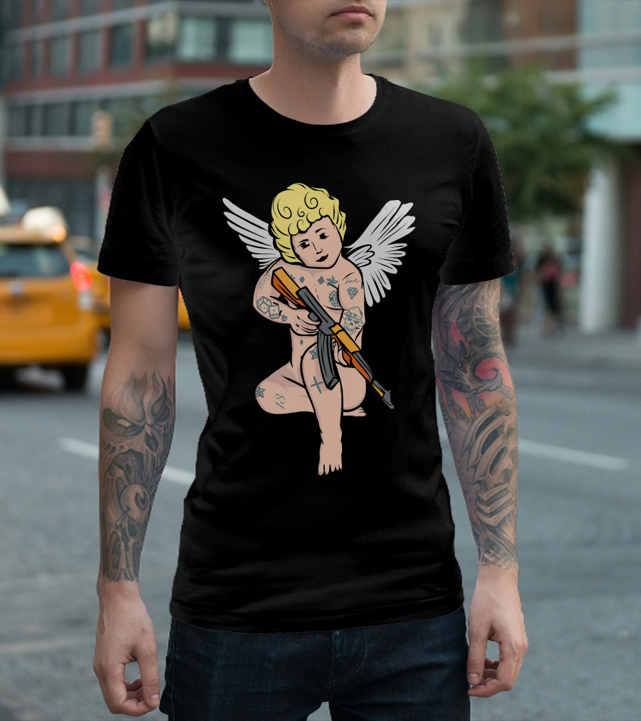 Aesthetic Angel Soft Grunge Tattooed Cupid Holding Gun T-Shirt