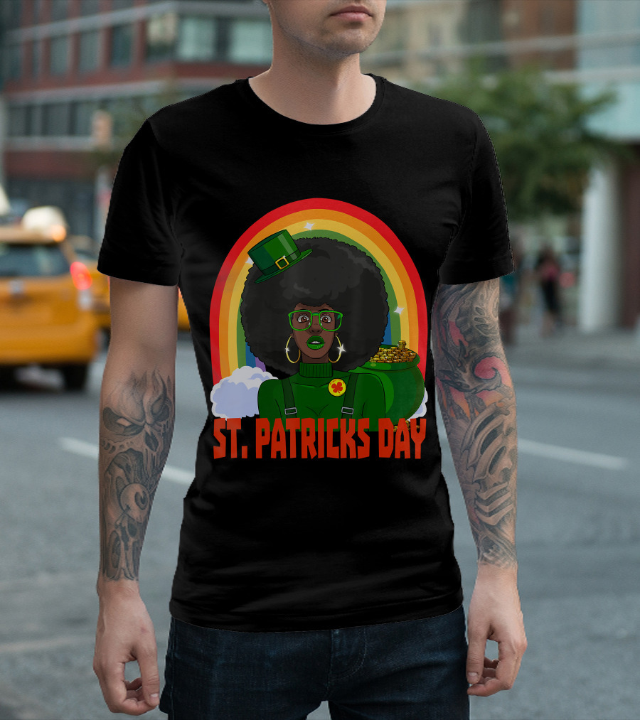 St. Patrick's Day African American Female Leprechaun Rainbow Gold T-Shirt