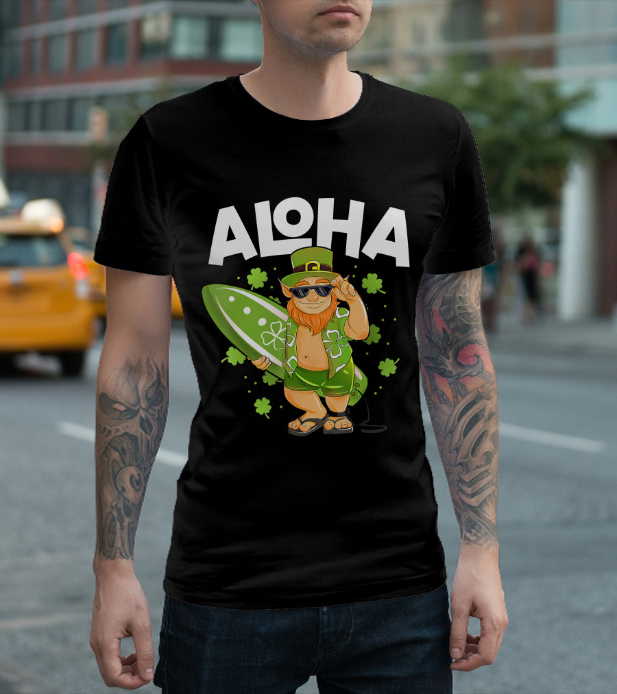 Aloha Leprechaun St Patrick Clover Surf Hawaii T-Shirt