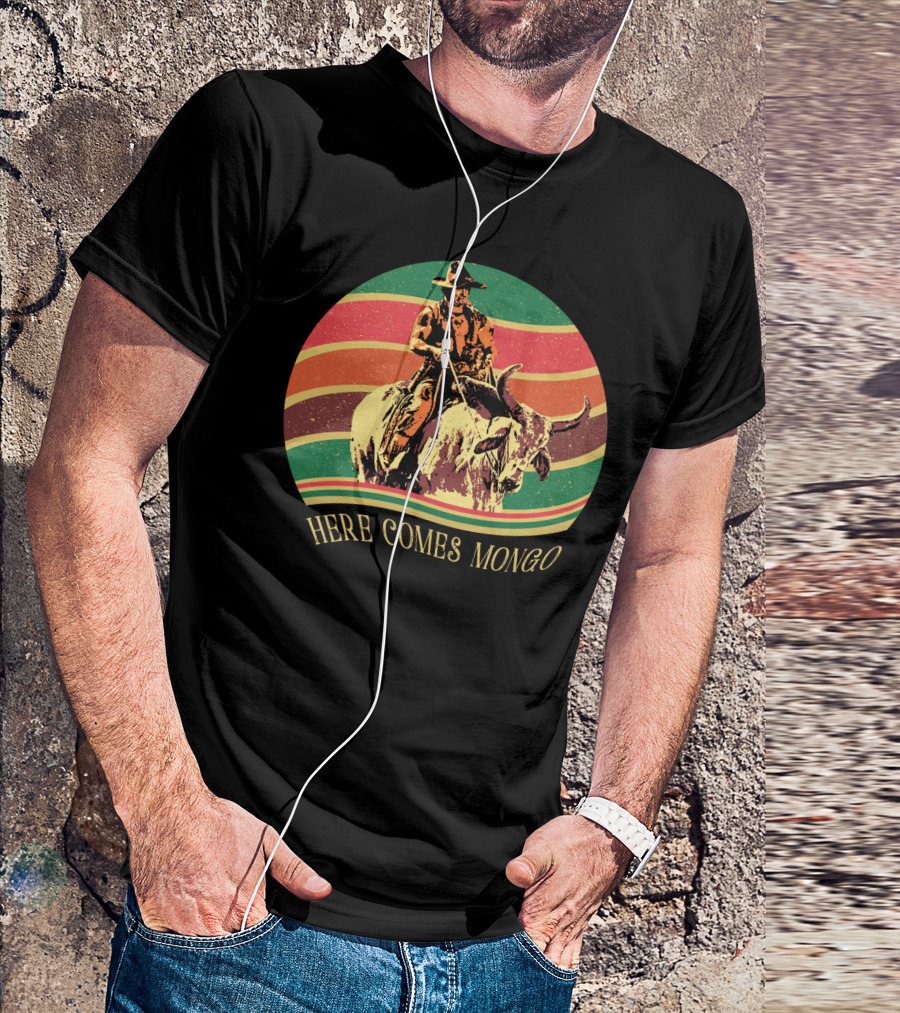 Blazing Saddles Here Comes Mongo Retro Sunset Style Cowboy And Bull T-Shirt