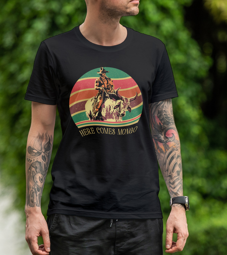 Blazing Saddles Here Comes Mongo Retro Sunset Style Cowboy And Bull T-Shirt