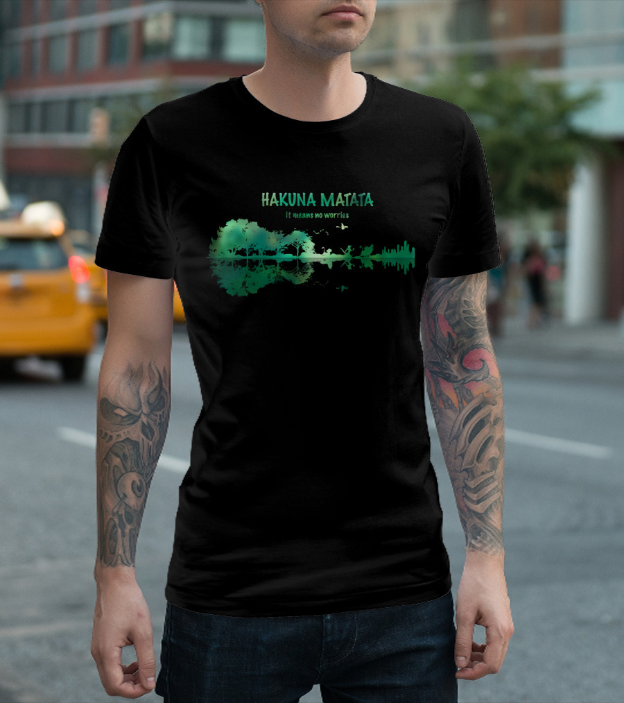 Hakuna Matata It Means No Worries Green Nature Silhouette With Wildlife Reflections T-Shirt