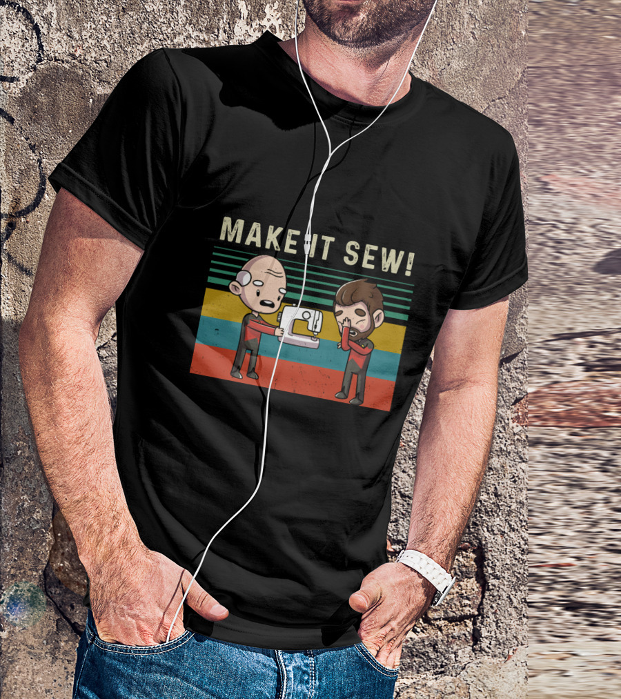 Make It Sew Featuring William Riker And Jean Luc Picard Sewing Machine T-Shirt