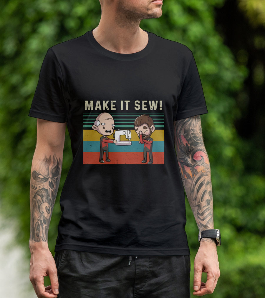 Make It Sew Featuring William Riker And Jean Luc Picard Sewing Machine T-Shirt