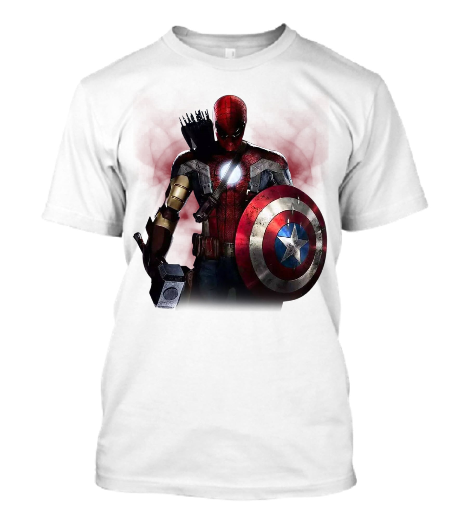 Overpowered Avengers Man Captain America Spider-Man Thor Iron Man Fusion With Shield And Mjolnir T-Shirt