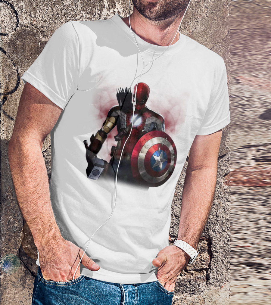 Overpowered Avengers Man Captain America Spider-Man Thor Iron Man Fusion With Shield And Mjolnir T-Shirt