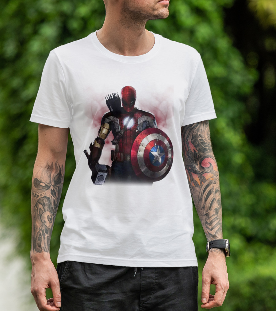 Overpowered Avengers Man Captain America Spider-Man Thor Iron Man Fusion With Shield And Mjolnir T-Shirt