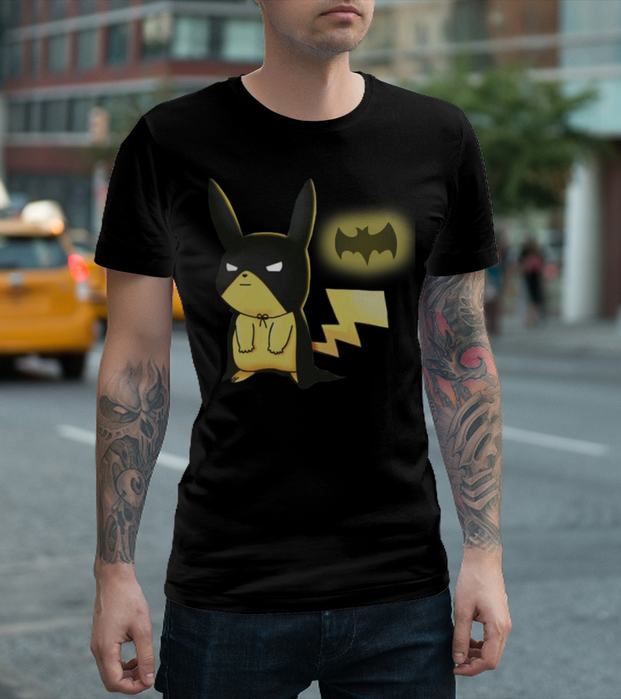 Pikachu in Batman-Inspired Costume with Bat Symbol Background T-Shirt