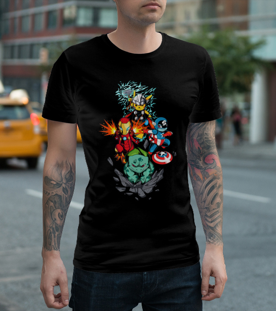 Avengers Pokemon Crossover Pikachu Thor Iron Man Bulbasaur Captain America T-Shirt