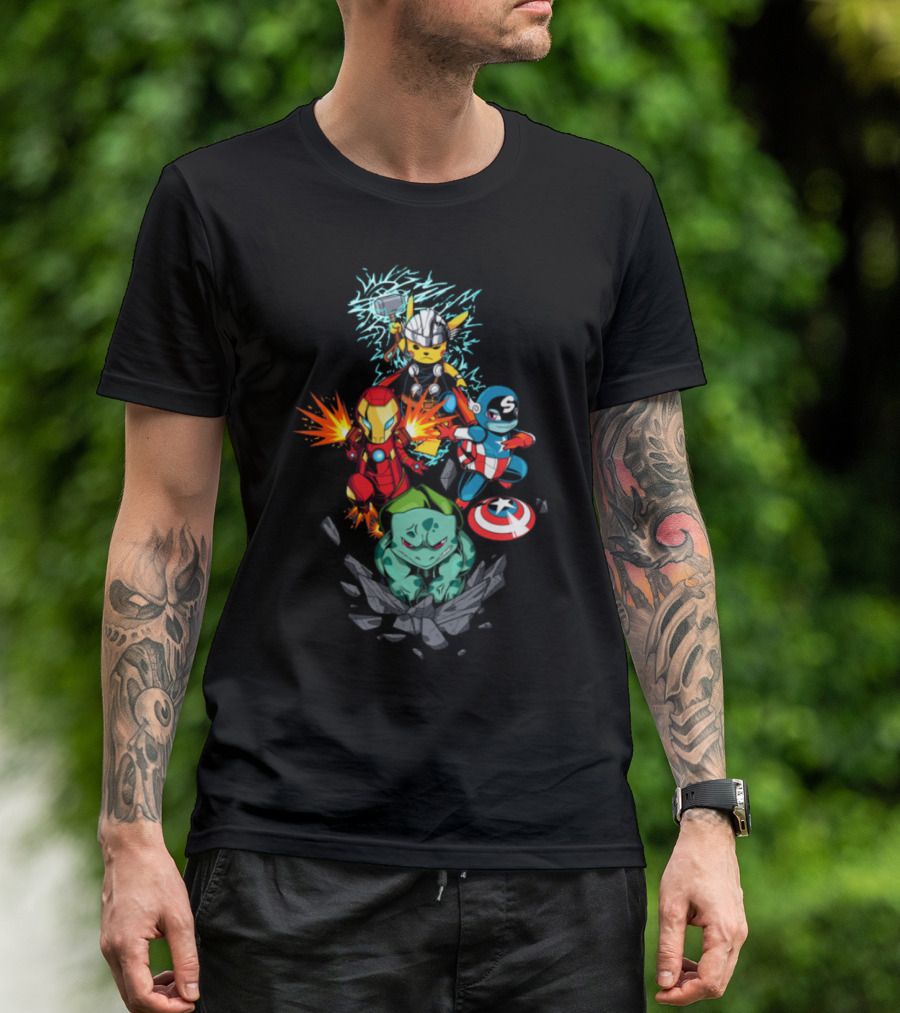 Avengers Pokemon Crossover Pikachu Thor Iron Man Bulbasaur Captain America T-Shirt