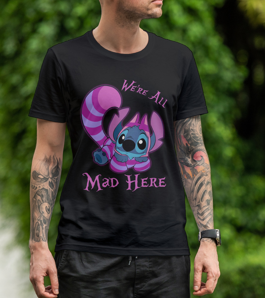 Stitch And Cheshire Cat We're All Mad Here Crossover T-Shirt