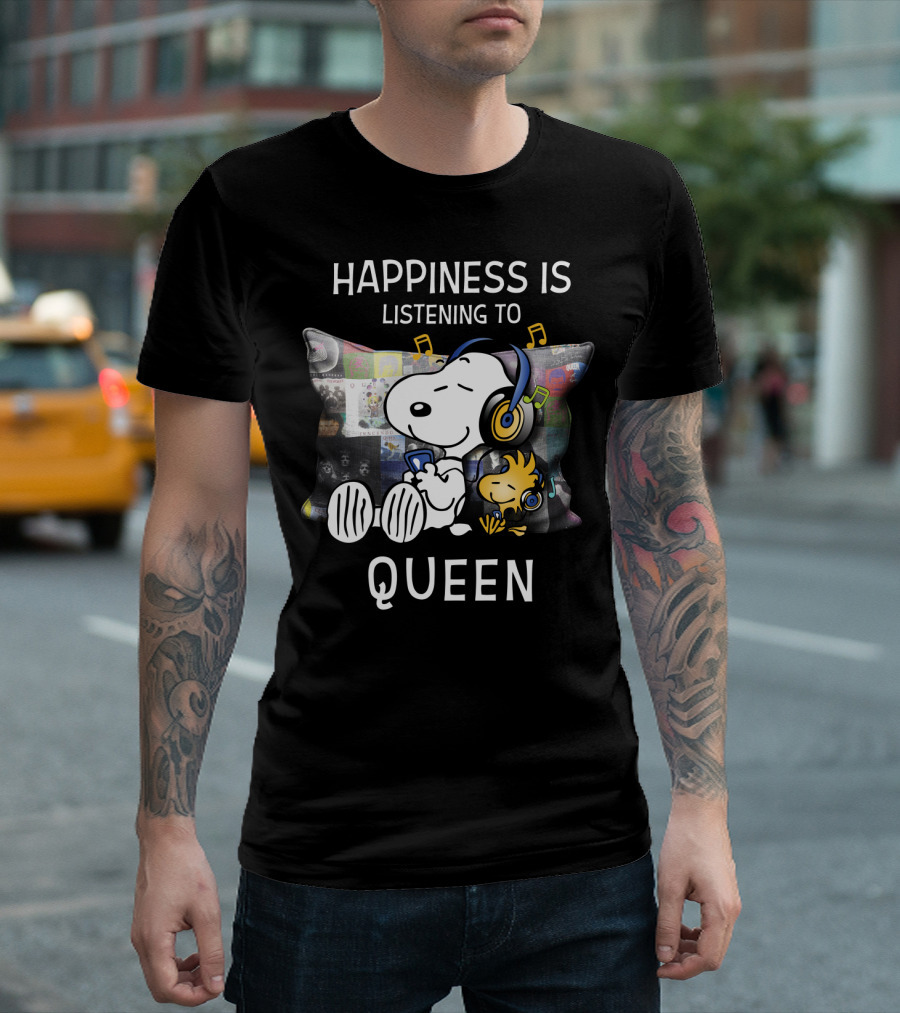 Happiness Is Snoopy And Woodstock Listening To Queen Music T-Shirt