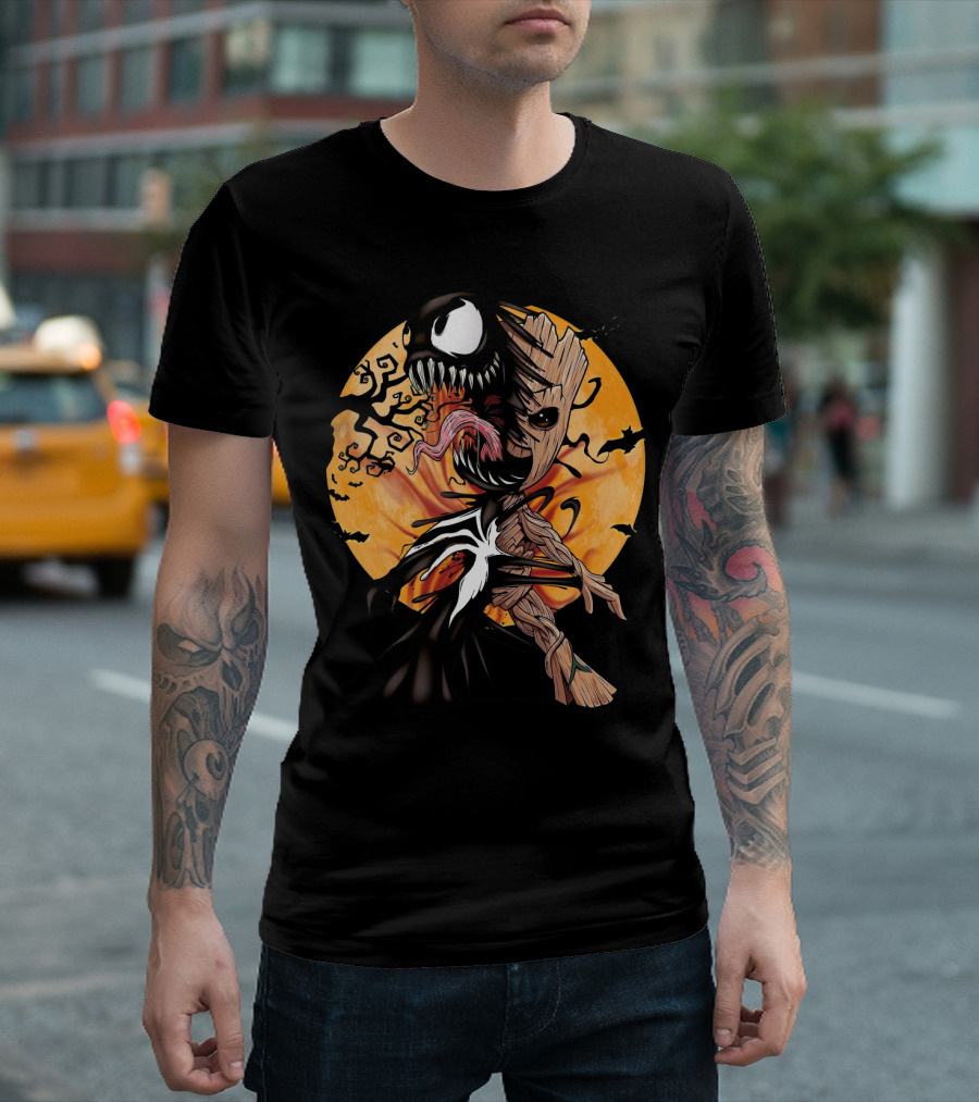 Baby Groot Venom Symbiote Halloween Moon Scene T-Shirt
