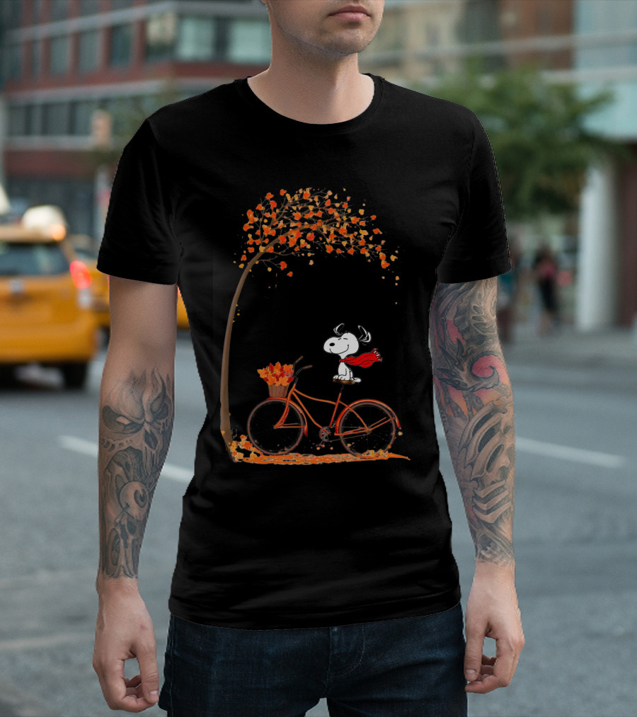 Snoopy Enjoying Autumn Leaves Bicycle Ride Under Fall Tree T-Shirt