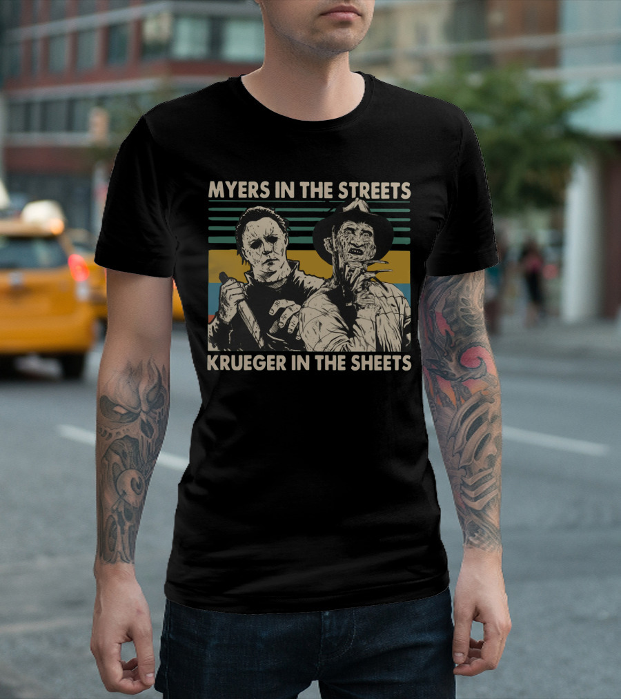 Myers in the Streets Krueger in the Sheets Horror Icons T-Shirt