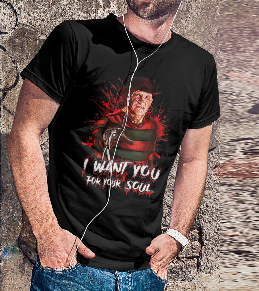Freddy Krueger I Want You For Your Soul Horror Icon With Red And Green Stripes And Claw Glove T-Shirt