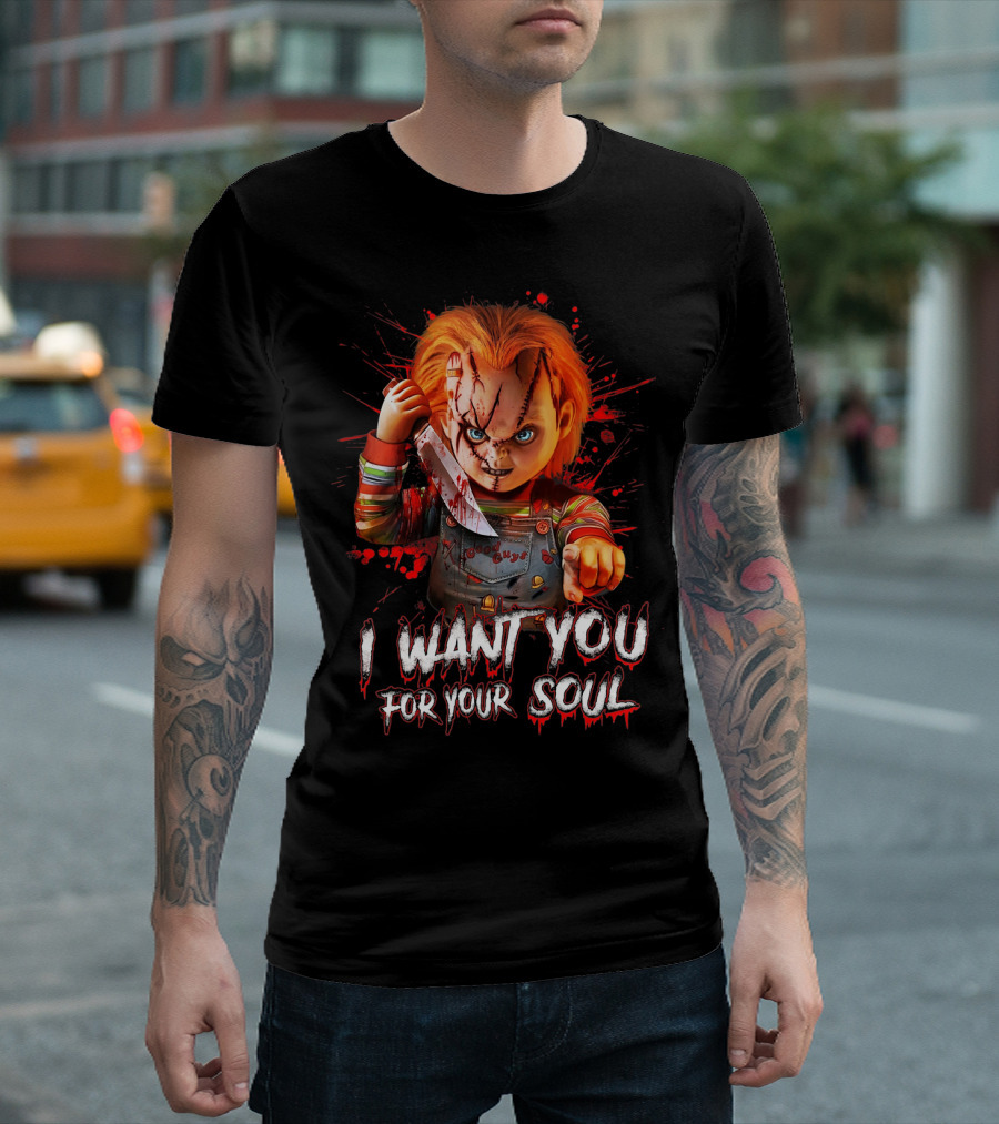 Chucky Horror Character with Knife I Want You for Your Soul T-Shirt