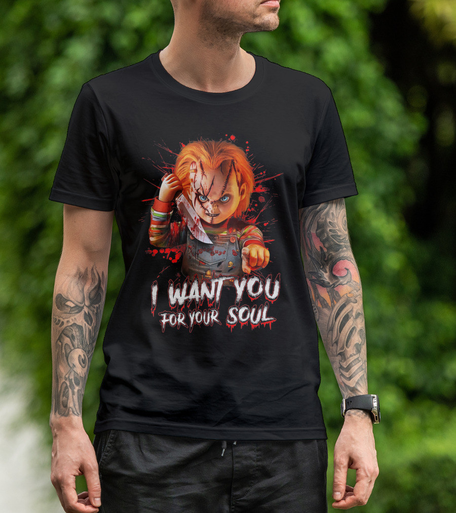 Chucky Horror Character With Knife I Want You For Your Soul T-Shirt