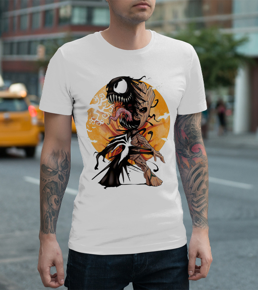 Baby Groot Venom Hybrid Silhouette Against Halloween Moon with Bats and Spooky Trees T-Shirt