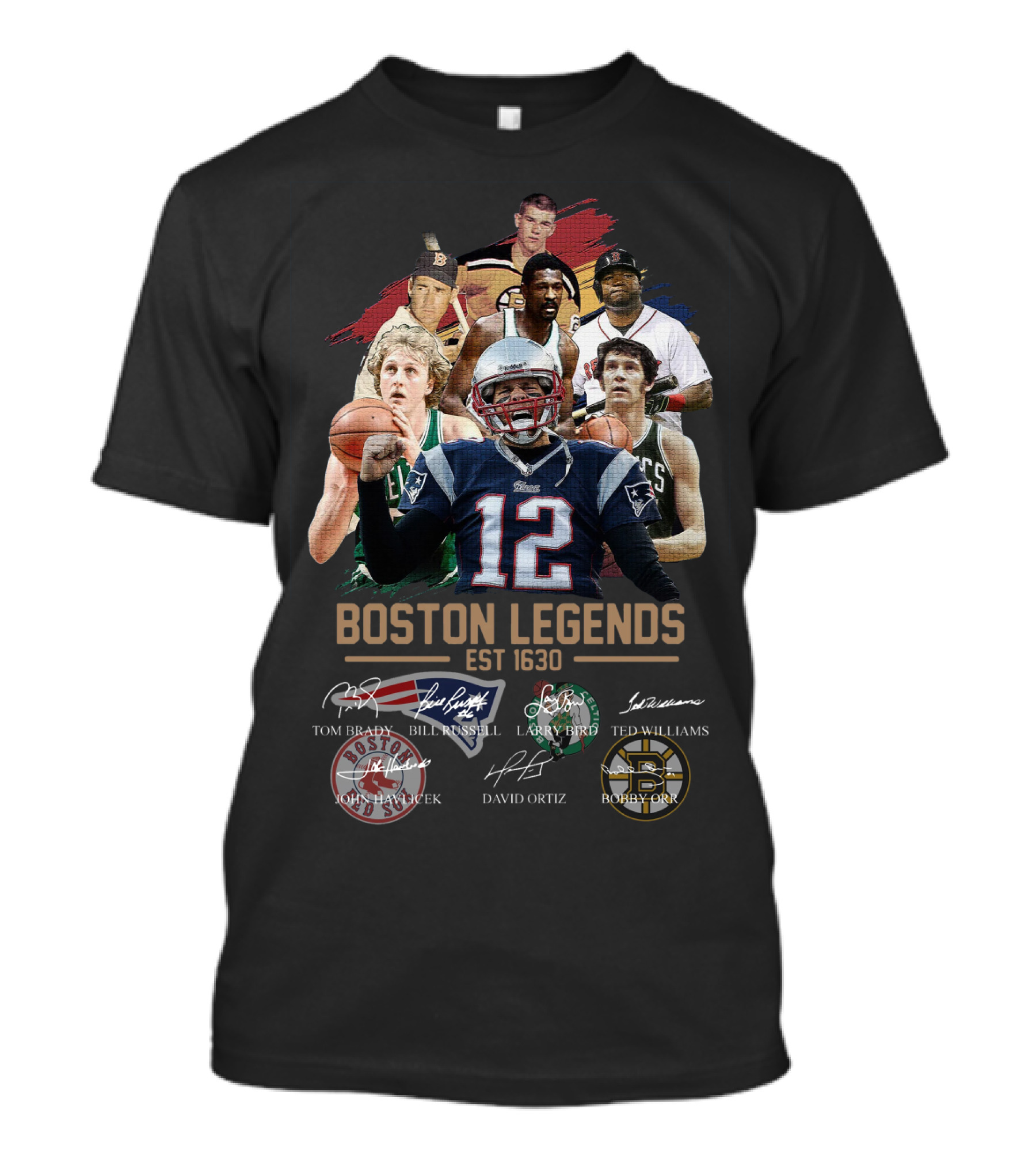 Boston Legends Est 1630 Tom Brady Ted Williams Bill Russell Larry Bird David Ortiz Bobby Orr T-Shirt