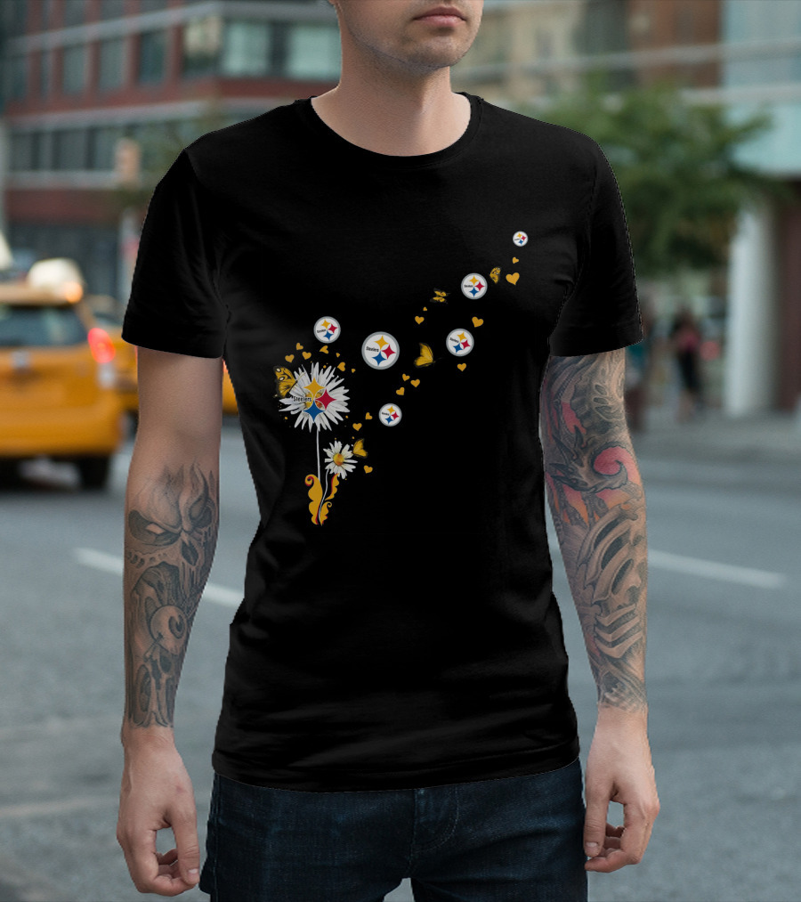 Dandelion With Pittsburgh Steelers Logo And Butterflies T-Shirt