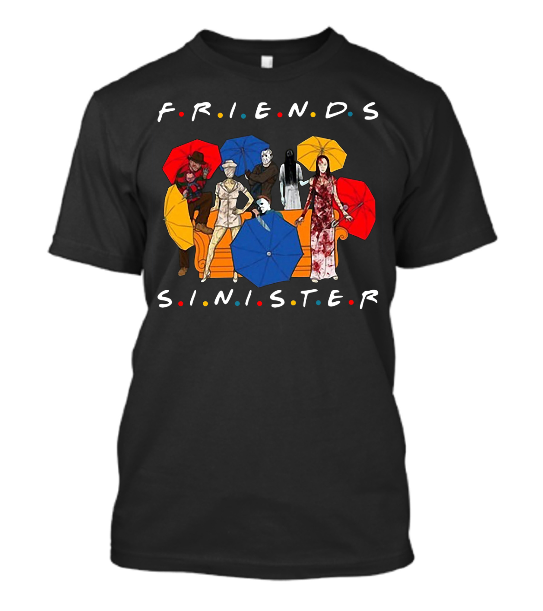 Friends Sinister Fusion Of Iconic Horror Characters On Central Perk Couch With Umbrellas T-Shirt