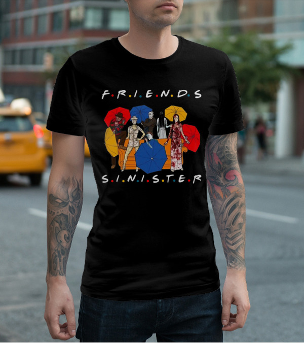 Friends Sinister Fusion Of Iconic Horror Characters On Central Perk Couch With Umbrellas T-Shirt