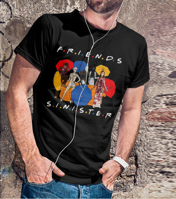 Friends Sinister Fusion Of Iconic Horror Characters On Central Perk Couch With Umbrellas T-Shirt