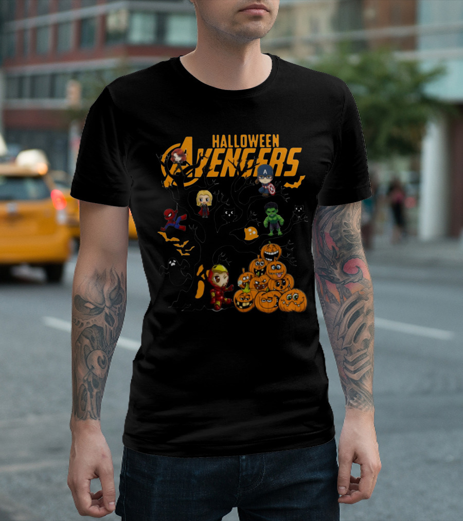Chibi Halloween Avengers Characters with Pumpkins and Ghosts T-Shirt