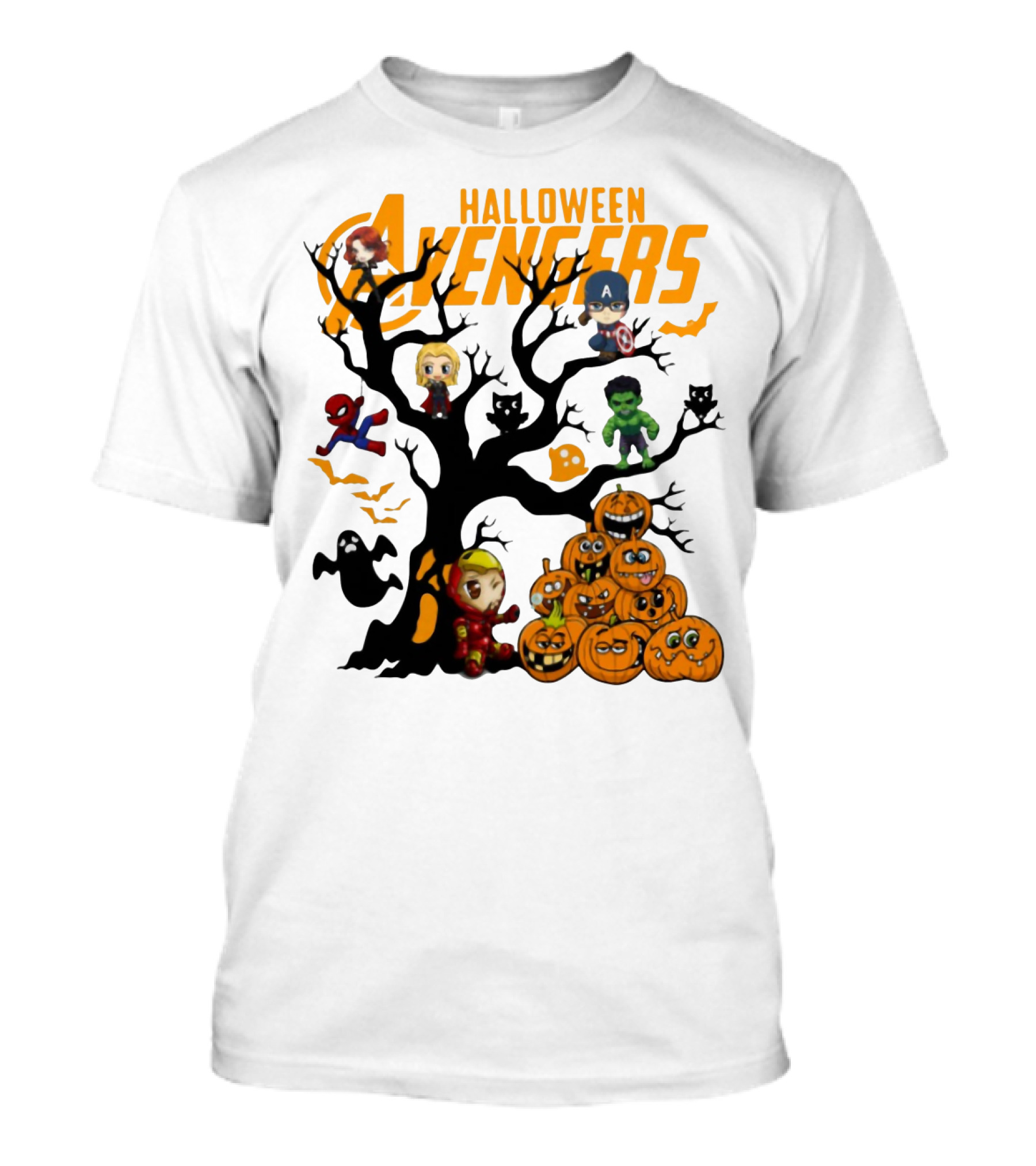 Chibi Halloween Avengers Characters With Pumpkins And Ghosts T-Shirt