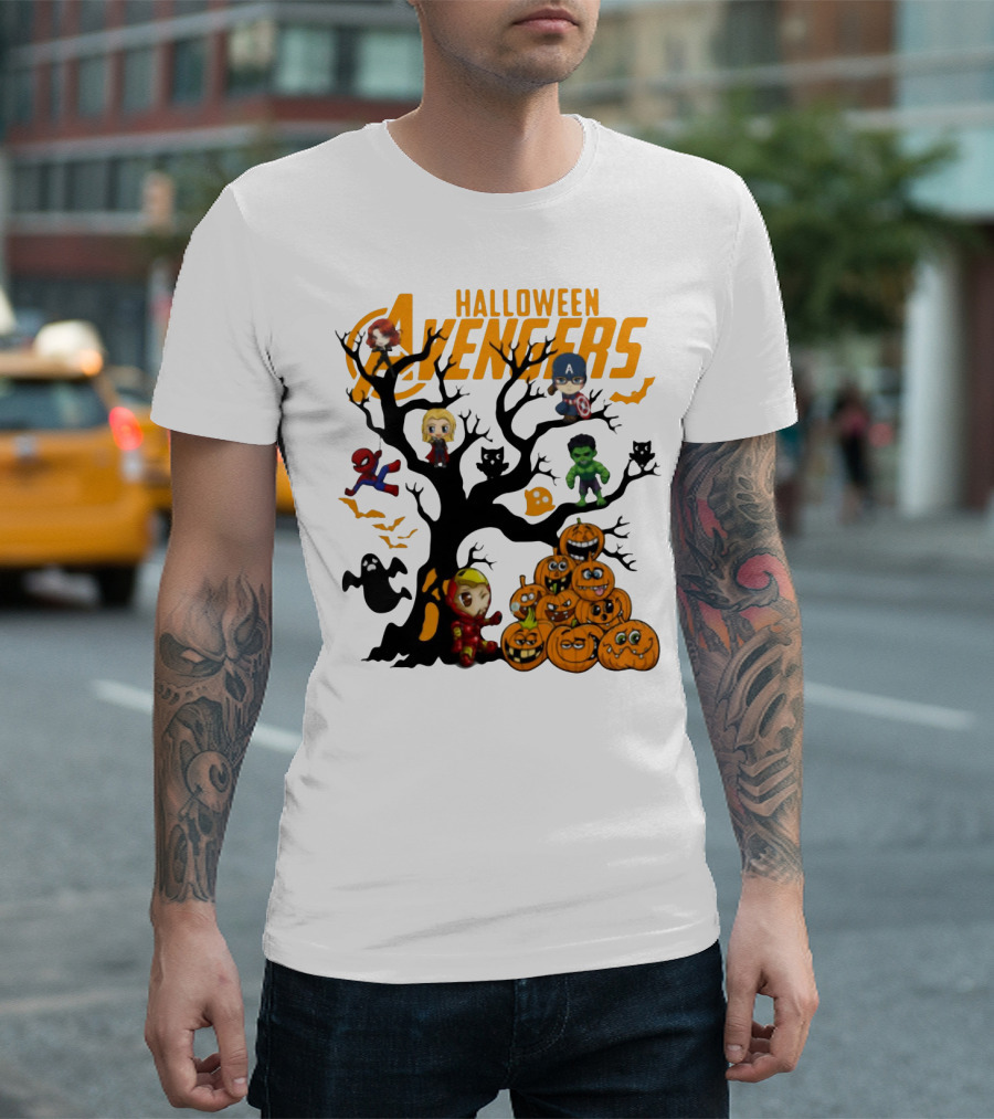 Chibi Halloween Avengers Characters with Pumpkins and Ghosts T-Shirt