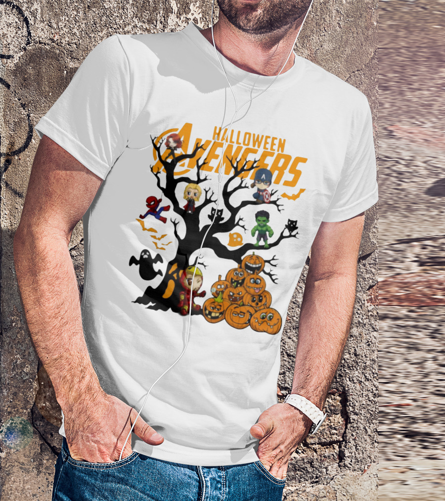Chibi Halloween Avengers Characters With Pumpkins And Ghosts T-Shirt