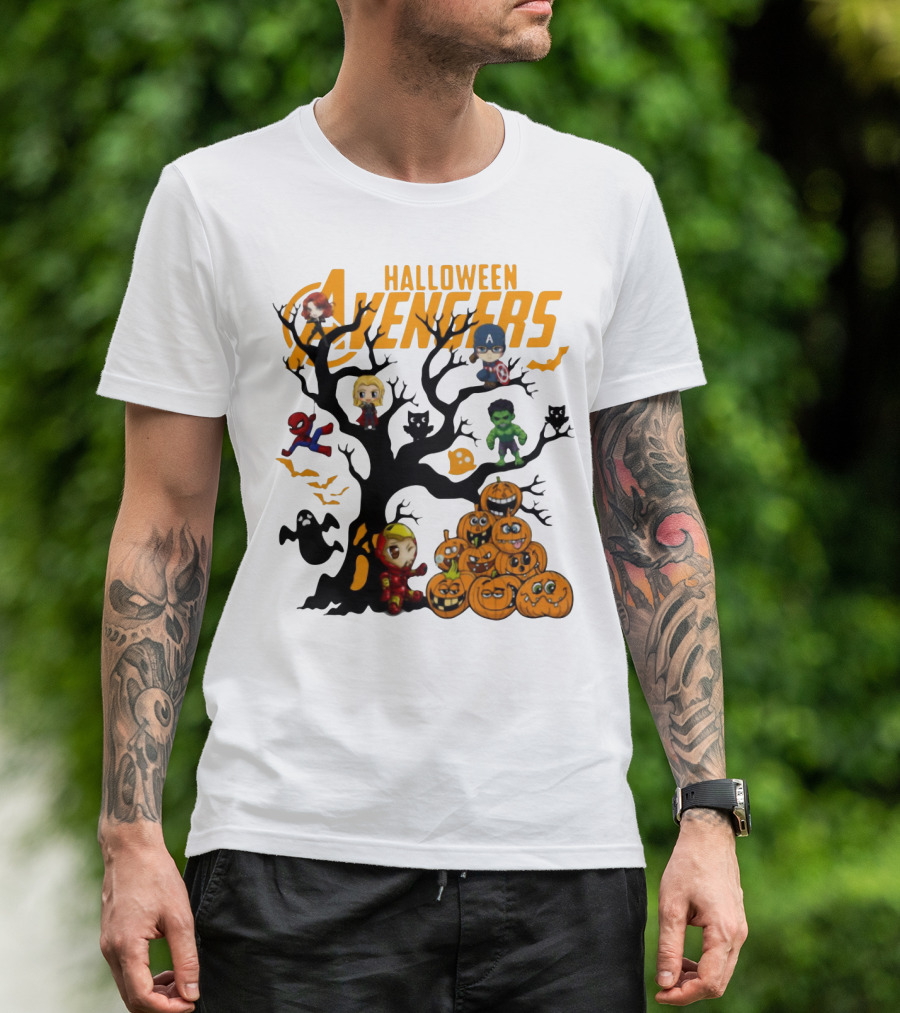 Chibi Halloween Avengers Characters With Pumpkins And Ghosts T-Shirt