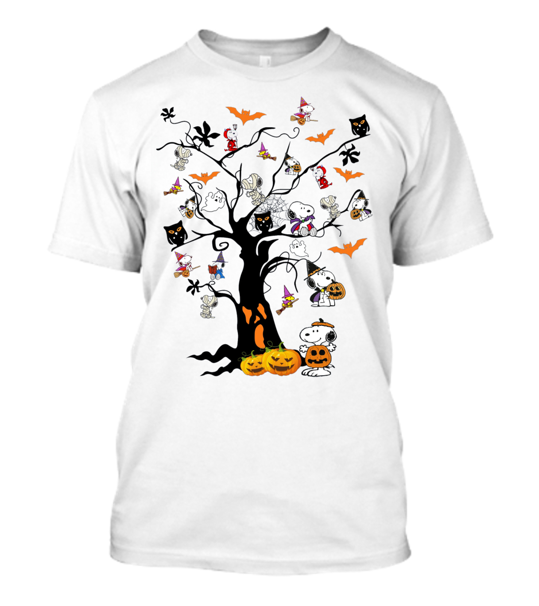 Peanuts Halloween Snoopy Pumpkin Costume Tree With Ghosts And Bats T-Shirt