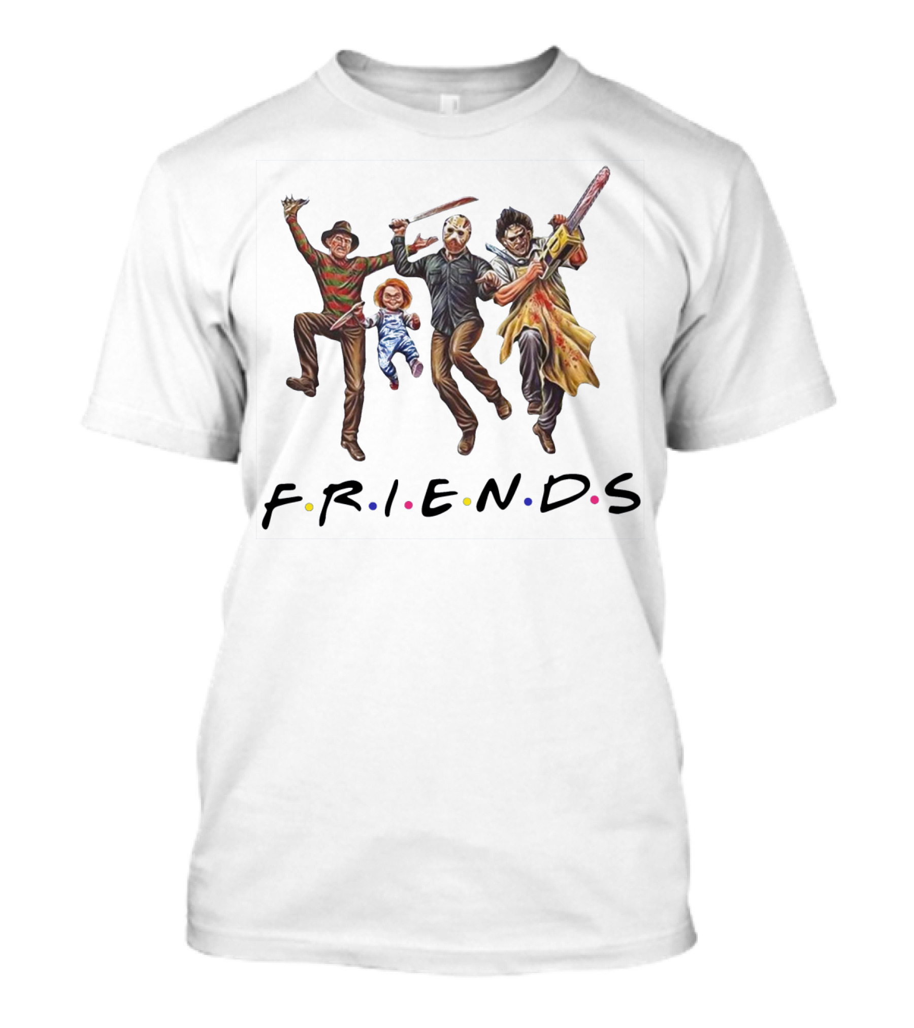 Horror Icons Halloween FRIENDS Parody Featuring Freddy Jason Chucky Leatherface T-Shirt