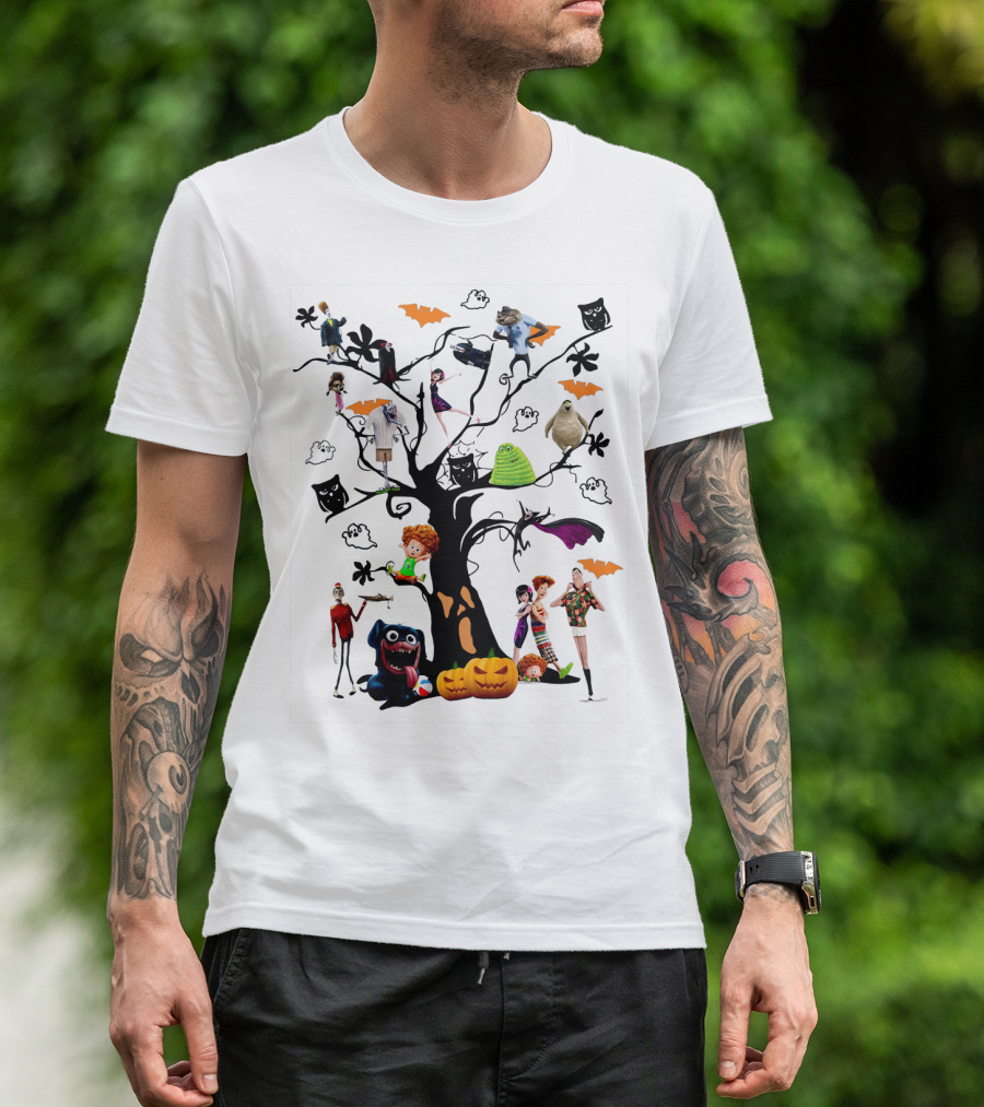 Hotel Transylvania 3 Halloween Tree Characters And Symbols With Pumpkins And Bats T-Shirt