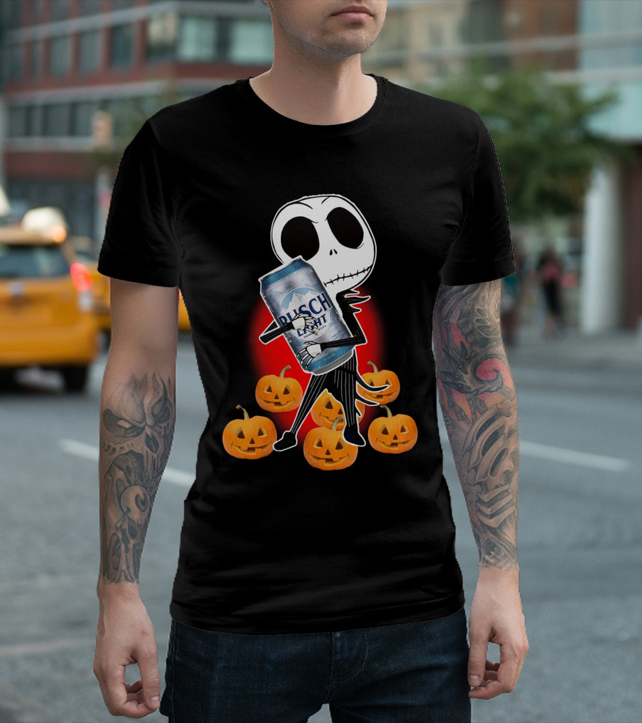 Jack Skellington Busch Light Hug Surrounded By Pumpkins Halloween T-Shirt