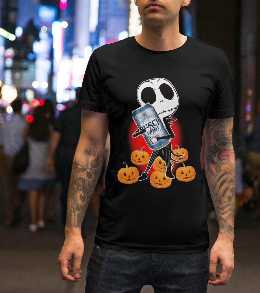 Jack Skellington Busch Light Hug Surrounded By Pumpkins Halloween T-Shirt