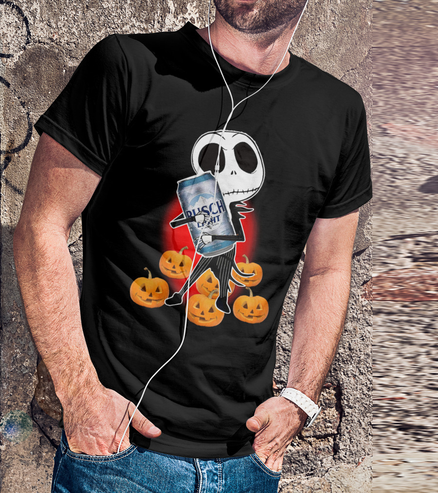 Jack Skellington Busch Light Hug Surrounded By Pumpkins Halloween T-Shirt